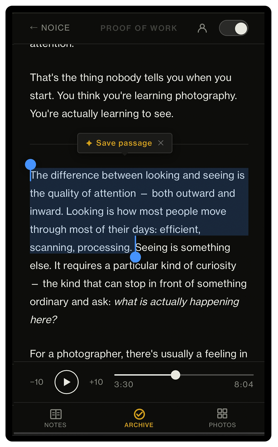 Mobile reader — saving a passage to the Archive