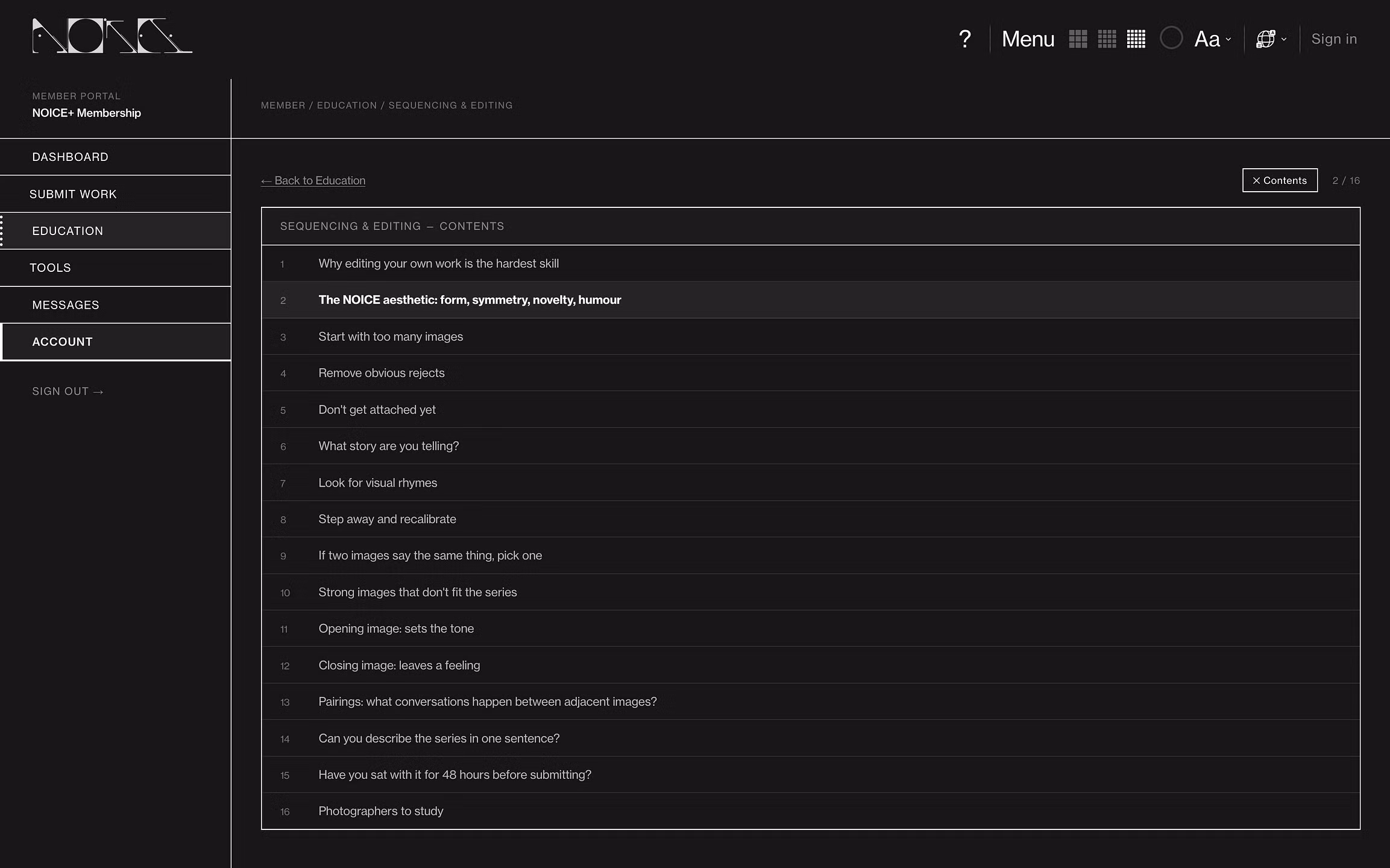 NOICE+ member portal — Education section showing the Sequencing & Editing guide